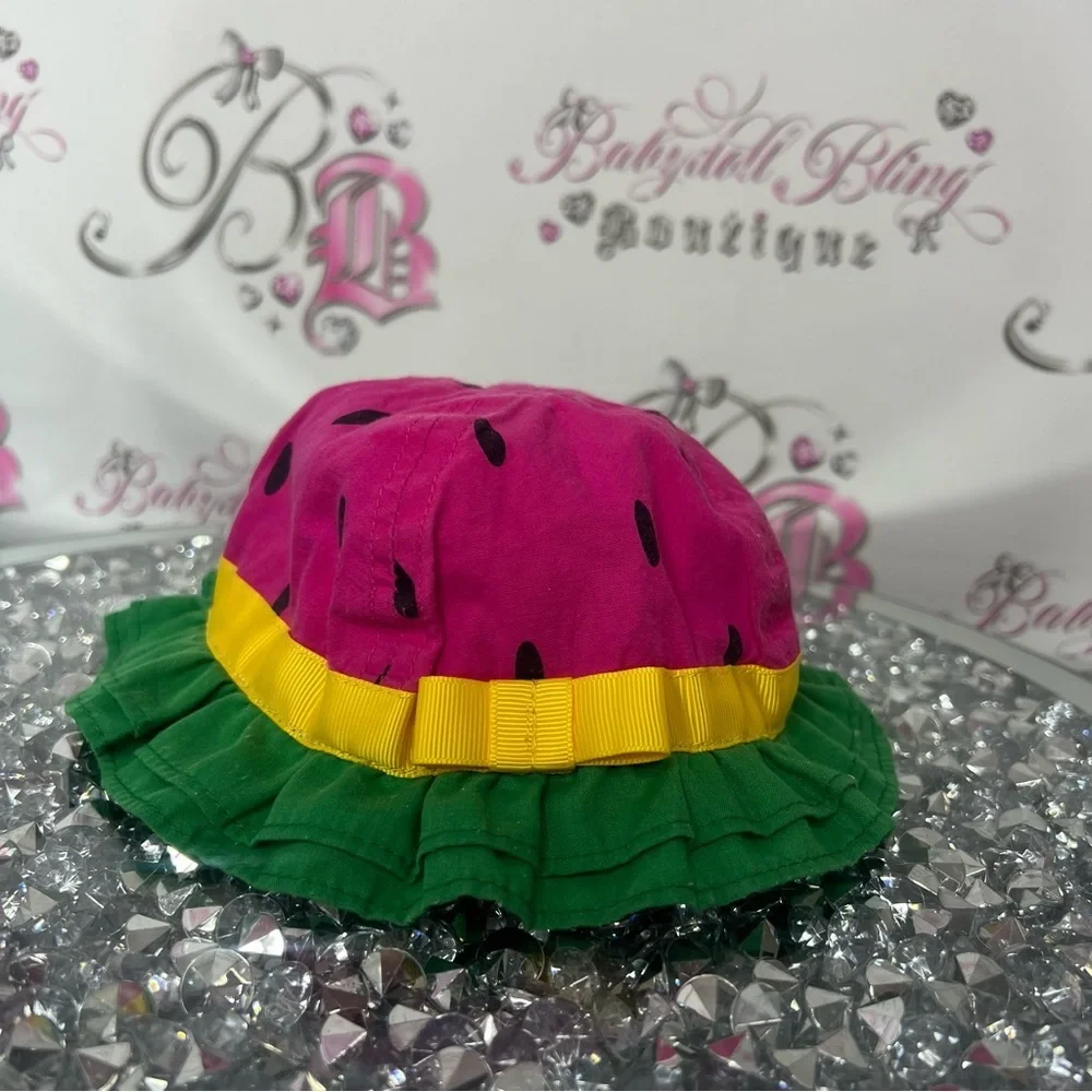 watermelon hat 🍉👒 baby 0-6 months pink black green yellow ribbon bow tie 🎀